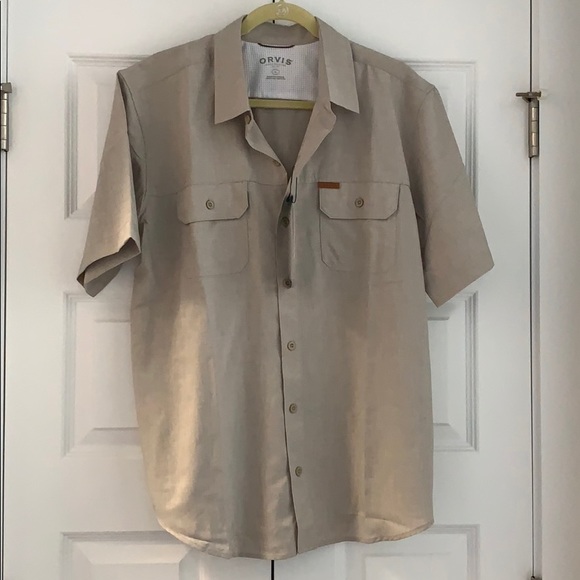 Tan short sleeve button down Orvis sporting shirt - Picture 1 of 4